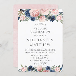 Blush Pink Navy Blue Watercolor Peony Wedding Invitation