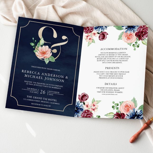 Blush Pink Navy Burgundy Floral QR Code Wedding Invitation (Creator Uploaded)