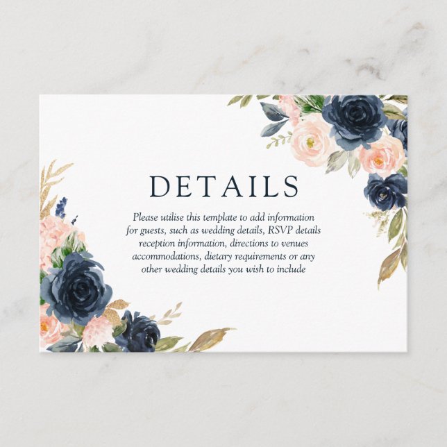 Blush Pink & Navy Elegant Spring Wedding Details Enclosure Card (Front)