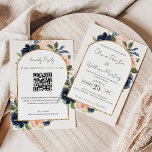 Blush Pink Navy Floral Arch QR Code RSVP Wedding Invitation<br><div class="desc">Modern and elegant design printed Blush Pink Navy Blue Floral Gold Glitter Arch Frame QR Code RSVP Wedding Invitation that can be customized with your text. Please click the "Customize it" button and use our design tool to modify this template. Check out the Graphic Art Design store for other products...</div>