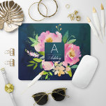BLUSH PINK & NAVY Floral Bouquet Monogram Mouse Mat<br><div class="desc">BLUSH PINK & NAVY Floral Bouquet Monogram Mouse Pad - A pretty gift that is sure to be appreciated. This chic mouse pad design features a watercolor background of gorgeous navy blue and deep turquoise, over which a beautiful pink and blush pink bouquet of watercolor roses and florals sits, overlaid...</div>