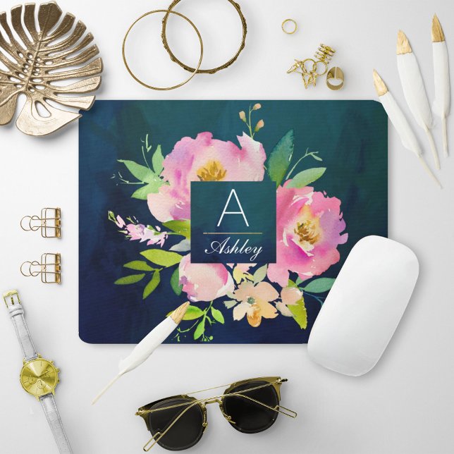 BLUSH PINK & NAVY Floral Bouquet Monogram Mouse Mat (Creator Uploaded)