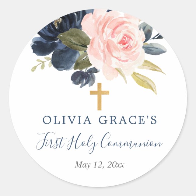 Blush pink navy floral first holy communion  classic round sticker (Front)