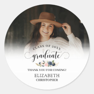 Blush Pink Navy Floral Photo Graduation Thank You Classic Round Sticker