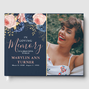Blush Pink & Navy Florals Elegant Memorial Tribute Guest Book