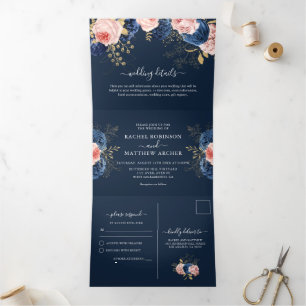 Blush Pink & Navy Florals Elegant Wedding Tri-Fold Invitation