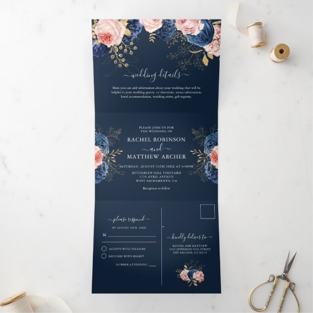 Blush Pink & Navy Florals Elegant Wedding Tri-Fold Invitation (Inside)