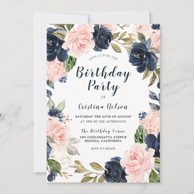 Blush Pink & Navy Flowers All Years Birthday Party Invitation (Front)