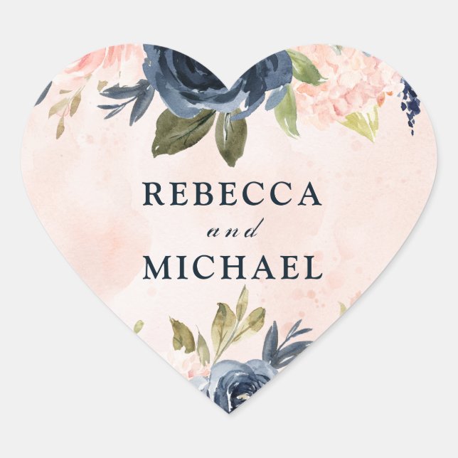 Blush Pink & Navy Flowers Watercolor Wedding Heart Sticker (Front)
