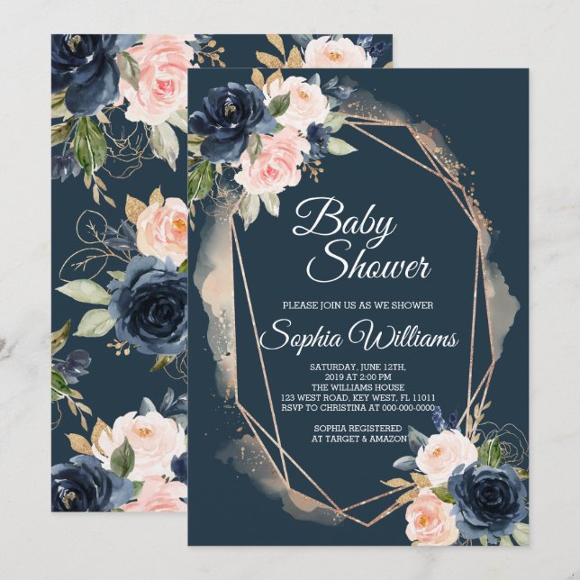 Blush Pink, Navy & Gold Baby Shower Invitation (Front/Back)