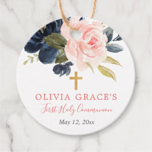 Blush pink navy gold floral first holy communion favour tags