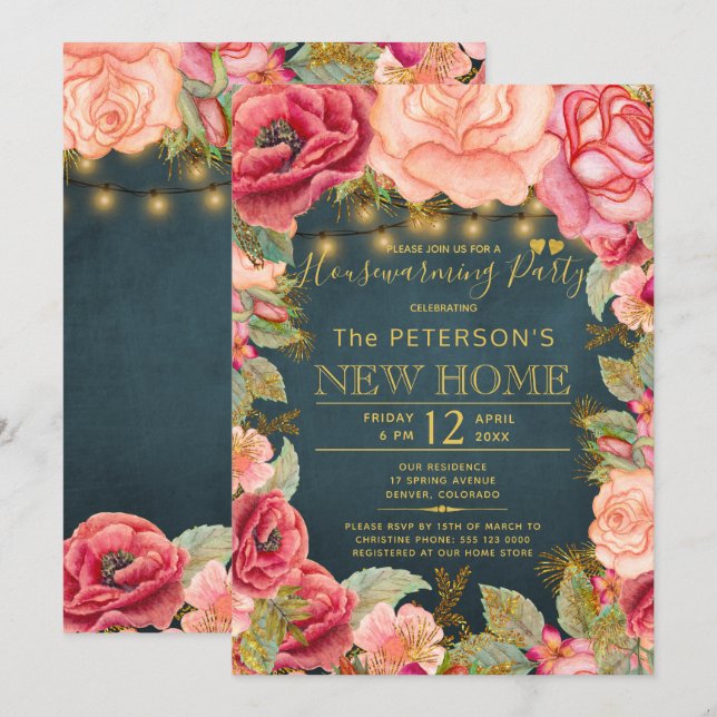 Blush pink navy gold lights housewarming party invitation (Front/Back)