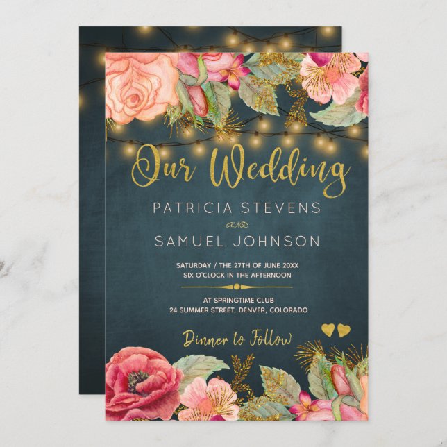 Blush pink navy gold roses typography wedding invitation (Front/Back)