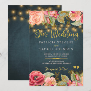 Blush pink navy gold roses typography wedding invitation