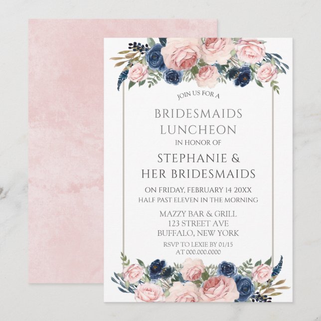 Blush Pink Navy Peony Bridesmaids Luncheon Invitation (Front/Back)