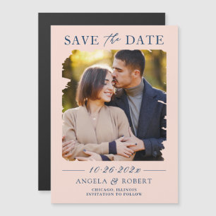 Blush Pink Navy Photo Save the Date Magnetic Card