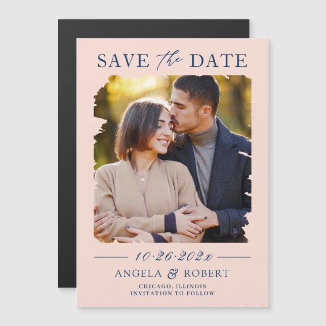 Blush Pink Navy Photo Save the Date Magnetic Card (Front/Back)