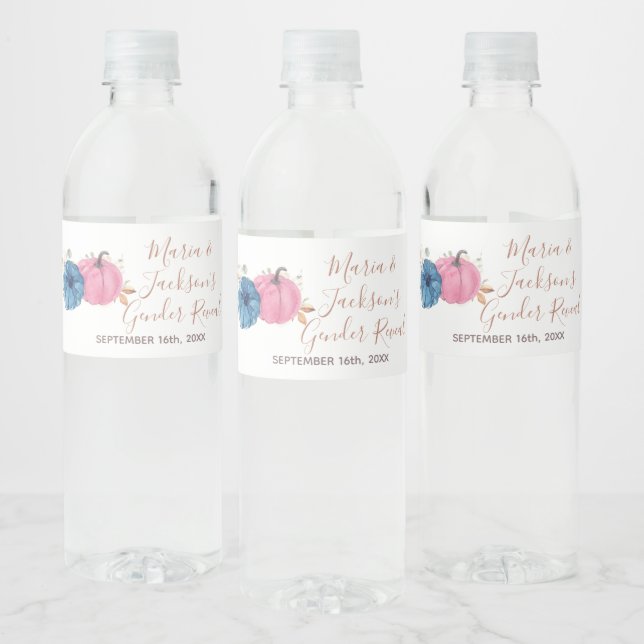 Blush Pink & Navy Pumpkin Gender Reveal Water Bottle Label (Bottles)