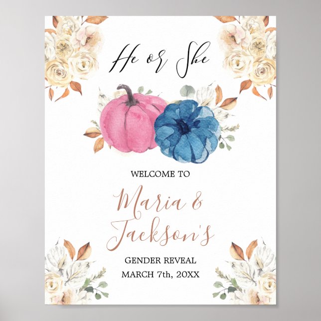 Blush Pink & Navy Pumpkin Gender Reveal Welcome Poster (Front)