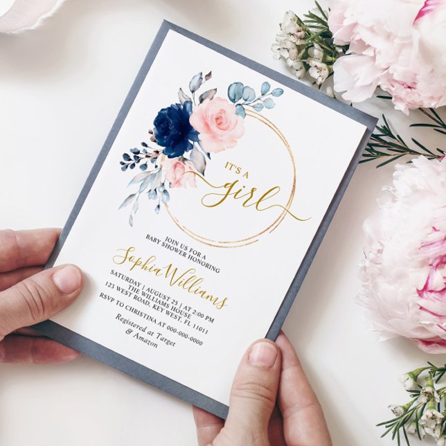 Blush Pink & Navy Rose Floral Wreath Baby Shower Invitation (Creator Uploaded)