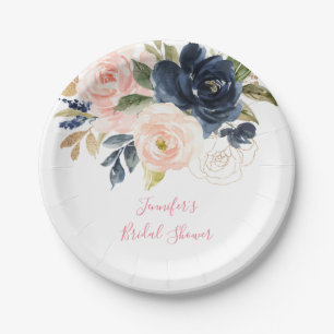 Blush Pink   Navy Watercolor Floral Bridal Shower Paper Plate