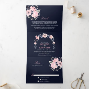 Blush Pink & Navy Watercolor Floral Wedding Tri-Fold Invitation