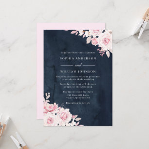 Blush Pink & Navy Watercolor Flowers Wedding Invitation