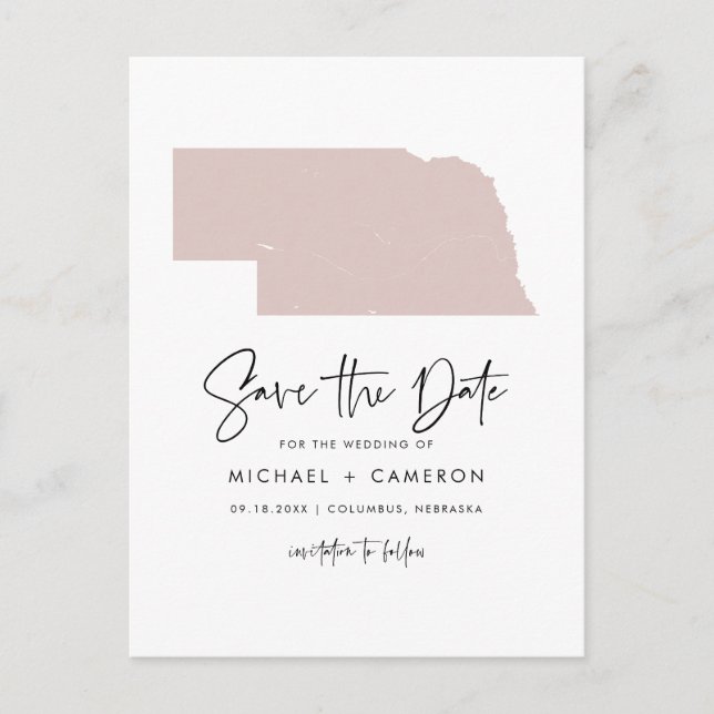 Blush Pink Nebraska Map Script Save the Date Announcement Postcard (Front)
