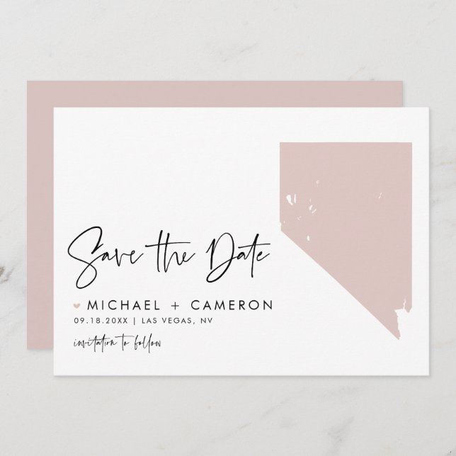 Blush Pink Nevada Map Modern Minimalist Script Save The Date (Front/Back)