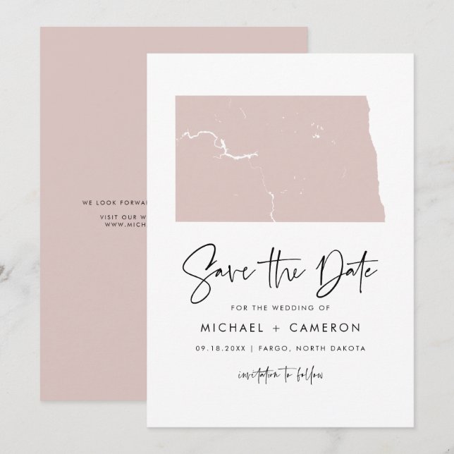 Blush Pink North Dakota Map Minimalist Script Save The Date (Front/Back)