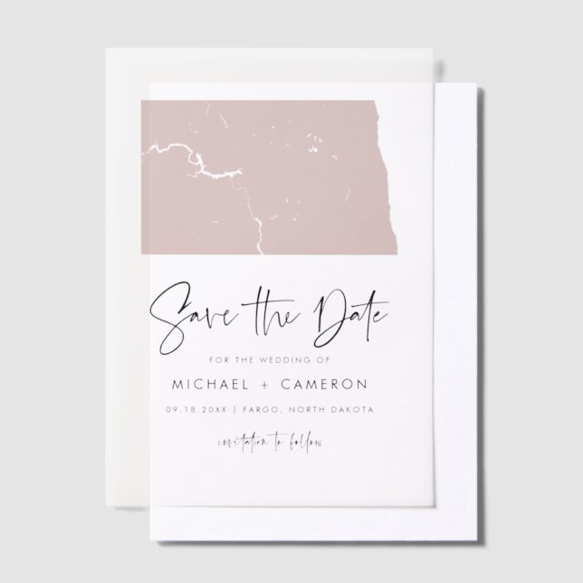 Blush Pink North Dakota Minimalist Save the Date Vellum Invitations (Offset)