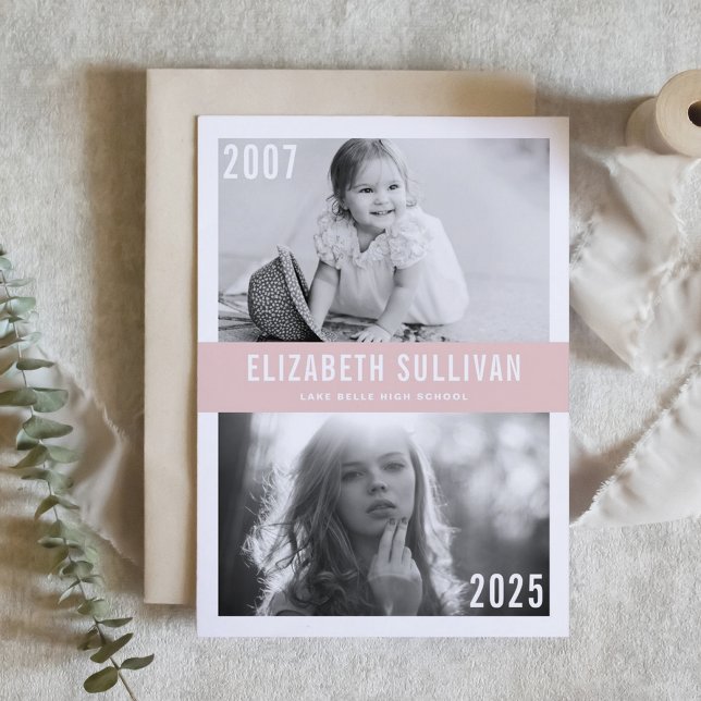 Blush Pink Now and Then Photo Collage Graduation Invitation (Customizable 'Then and Now' Photo Graduation Invitation with blush background – Personalized Invite)