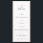 Blush Pink Old Money Wedding Dinner Menu Card<br><div class="desc">Add soft sophistication to your reception with this Baby Pink Old Money Wedding Dinner Menu Card. Designed with a delicate blush background, elegant serif typography, and minimalist spacing, it radiates timeless grace and quiet luxury. Perfect for romantic, garden, or vintage-inspired weddings, this customisable menu card enhances your table décor with...</div>