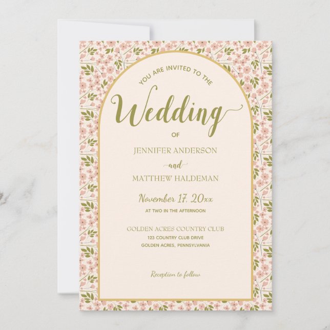 Blush Pink, Olive Green Arch Shape Wedding Invitation (Front)