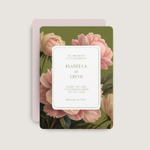 Blush Pink   Olive Green Vintage Rose Wedding  Invitation