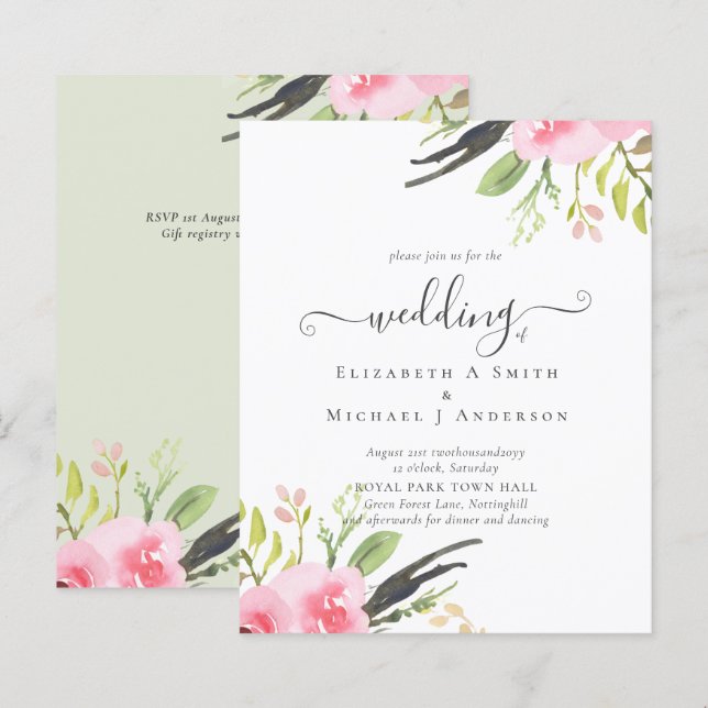 Blush Pink Olive Quality Budget Wedding Invitation (Front/Back)