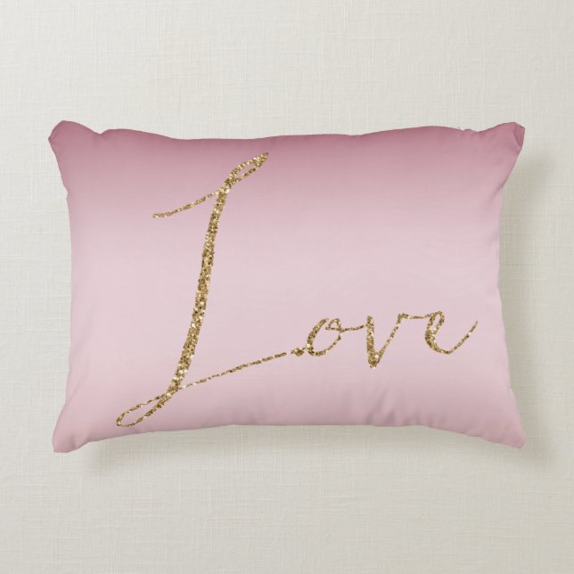 Blush Pink Ombre Glitter Gold Love Decorative Cushion (Front)