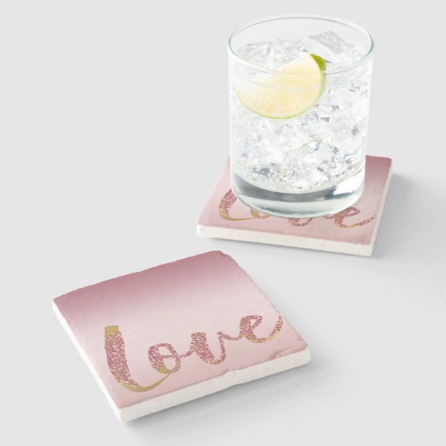 Blush Pink Ombre Glitter Gold Red Love Stone Coaster (Side)