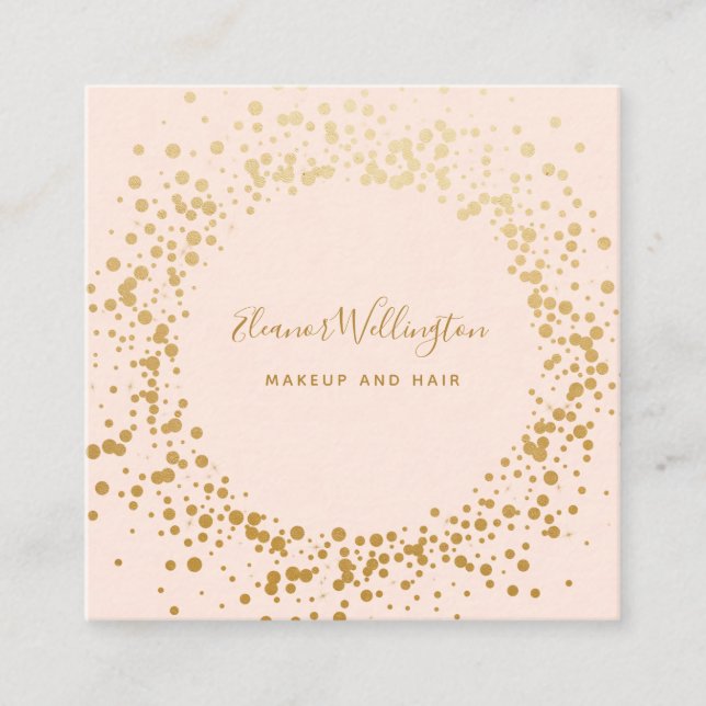 Blush Pink Ombre Gold Confetti Dots Creative  Square Business Card (Front)