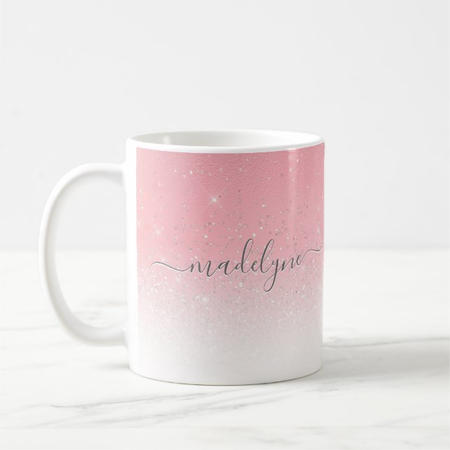Blush Pink Ombre Silver Glitter Personalised Coffee Mug (Left)