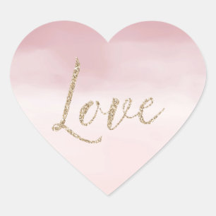 Blush Pink Ombre Watercolor Gold Glitter Love Heart Sticker