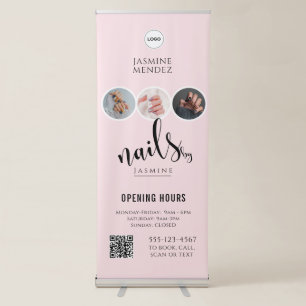 Blush Pink Opening Hours QR Logo Custom Nail Salon Retractable Banner