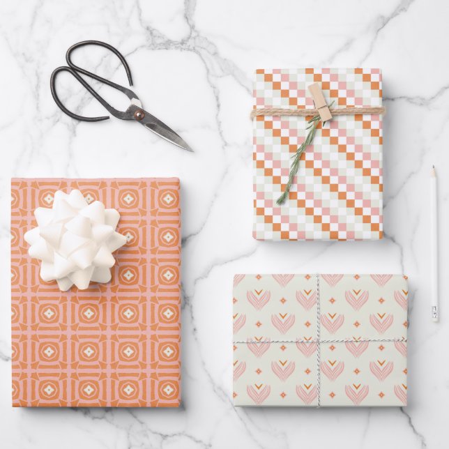 Blush Pink & Orange 3 Set of Floral Wrapping Paper (Front)
