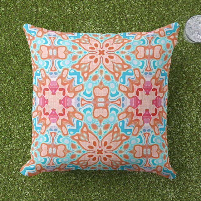 Blush Pink Orange Red Turquoise Blue Tribal Art Cushion (Grass)