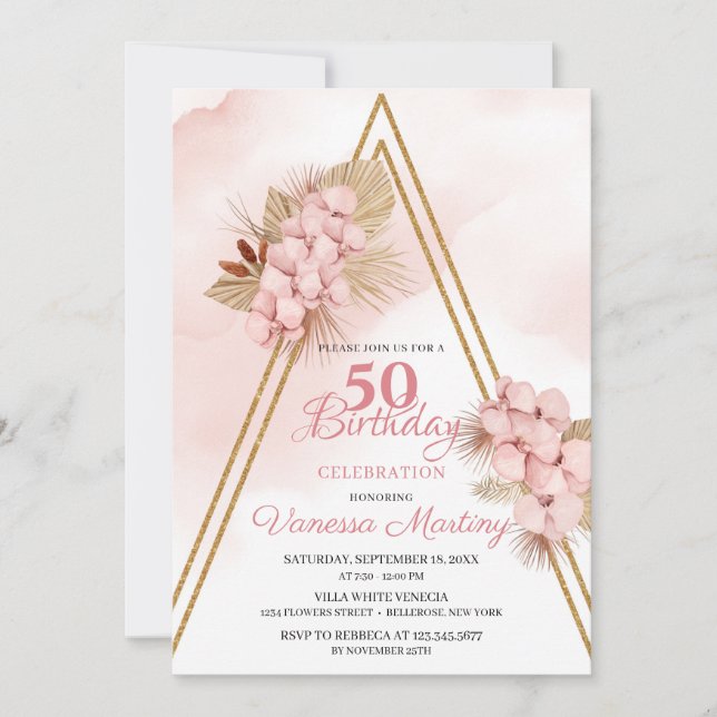 Blush Pink Orchid Dried Palm Leaves 50th Birthday Invitation (Front)