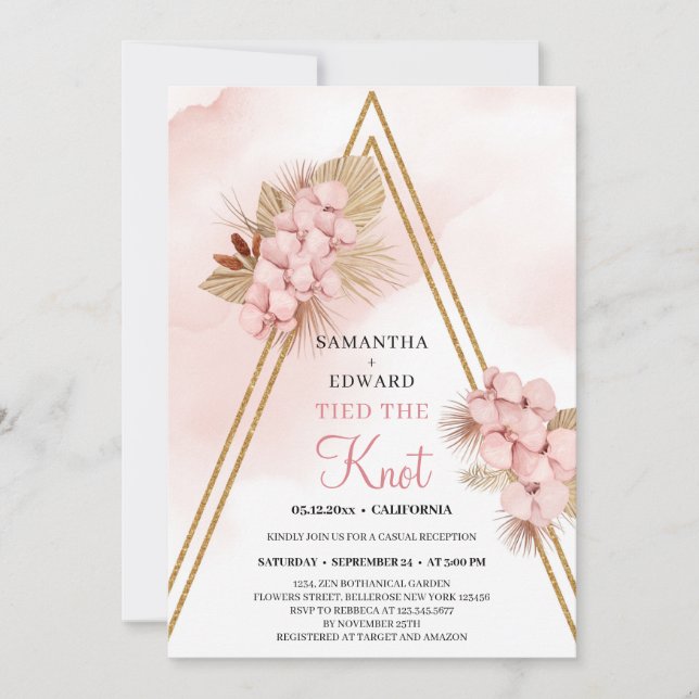 Blush Pink Orchid Dried Palm Leaves Gold the Knot Invitation (Front)
