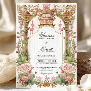 Blush Pink Oriental Lotus Flower Wedding  Invitation