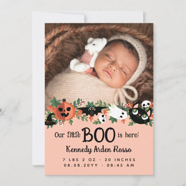 Blush Pink Our Little Boo Is Here Halloween Baby Announcement (Front)