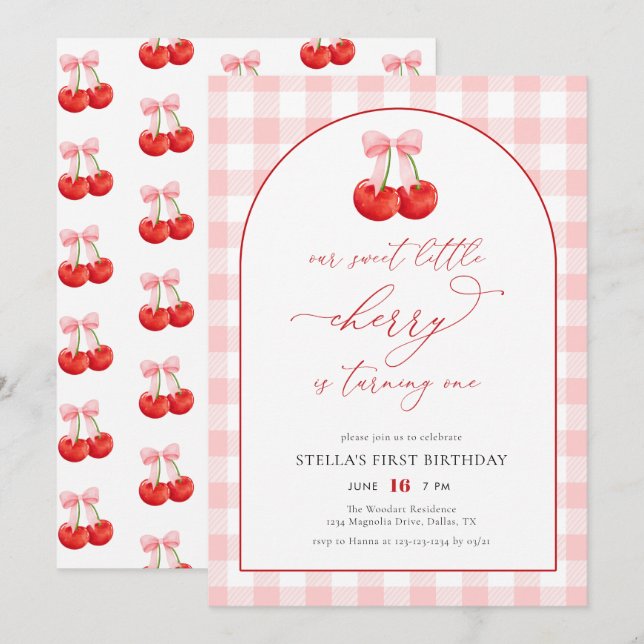 Blush Pink Our Sweet Cherry Girl 1st Birthday Invitation (Front/Back)