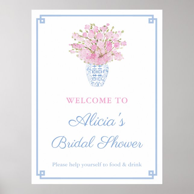 Blush Pink & Pale Blue Chinoiserie Wedding Shower Poster (Front)